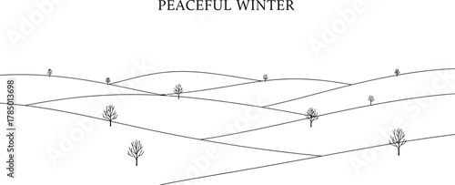 Minimalist winter landscape with snow covered hills and bare trees artwork