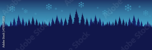 Wide screen Christmas holiday banner featuring a snowy forest silhouette and a large blue copy space for text.