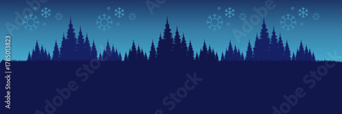 Minimalist flat design winter landscape with a pine forest at night and a snowy sky for a seasonal website.