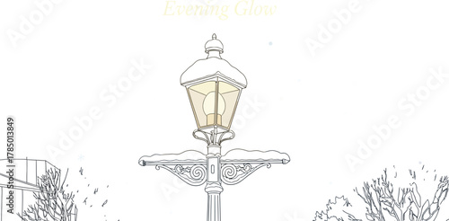 Snow falls on a vintage lamppost illuminating a quiet winter evening scene