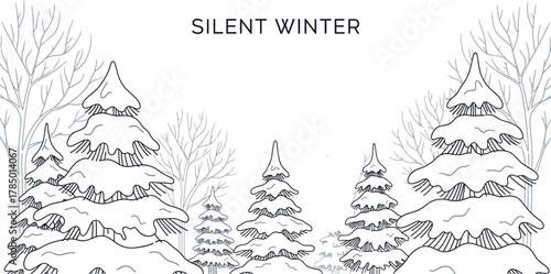 Snow covered pine trees in a winter forest landscape with snowflakes falling