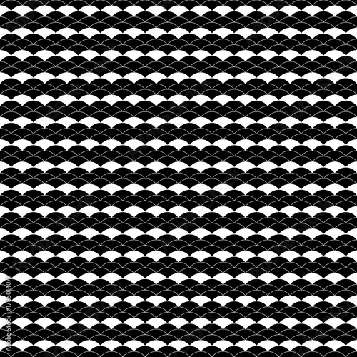 Japan traditional ethnic embroidery ornament with repeated scallops. Fish scale. Repeat scallop background. Seamless surface pattern design with scales. Ancient japanese sashiko uroko motif. Squama.