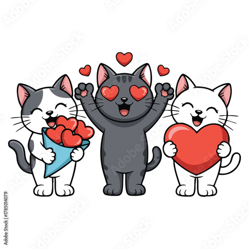 romance valentines day, Adoring Kittens with Hearts and Love Eyes, Kawaii Cats Holding Flowers and Hearts Set, illustration, vector.