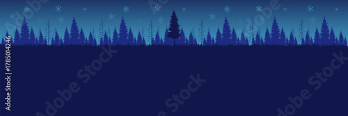 Atmospheric blue Christmas night scene with a silhouette pine forest and falling snow for a holiday greeting card.