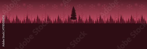 Wide screen holiday banner in a dark red theme with a winter forest and blank space for text.