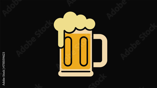 Stylized beer mug with golden liquid and foamy top on black background, symbolizing celebration, leisure, refreshment, and social gathering. 