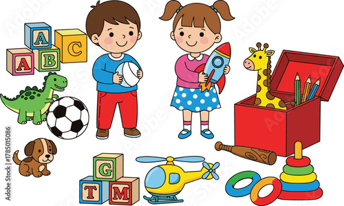 Cartoon children playing with toys, educational playtime scene, alphabet blocks, dinosaur, puppy, rocket, helicopter, toy box, colorful fun, indoor activity, white background