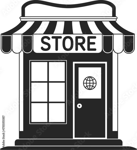 Black and white storefront illustration, striped awning design, bold STORE signage, retail facade icon, urban shop sketch, minimal commercial building