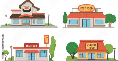 Cartoon restaurant vector set with sushi, fast food, and Chinese cuisine buildings for food, branding, business, and urban themes