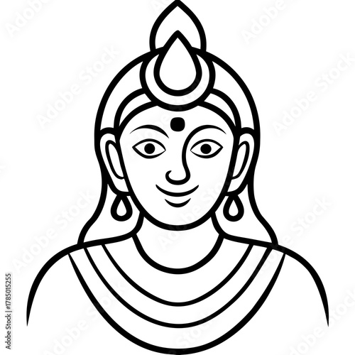 Stylized line art portrait of a divine being with a crescent moon and flame emblem