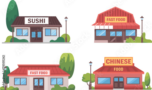 Cartoon restaurant vector set with sushi, fast food, and Chinese cuisine buildings for food, business, branding, and urban themes