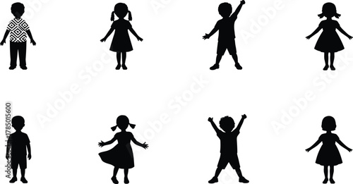 Children silhouette illustration, playful poses, matching activity concept, cartoon kids in dresses and shirts, educational visual, black figure comparison set
