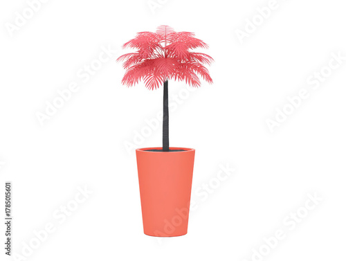 Pink palm tree in tall pink pot, modern decorative plant, isolated on transparency background, vibrant and playful home decor accent, artificial indoor foliage, contemporary style