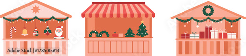 Christmas market stalls, holiday gift booths, festive decorations, candy cane ornaments, wrapped presents, Christmas trees, seasonal vendor setup, winter celebration scene