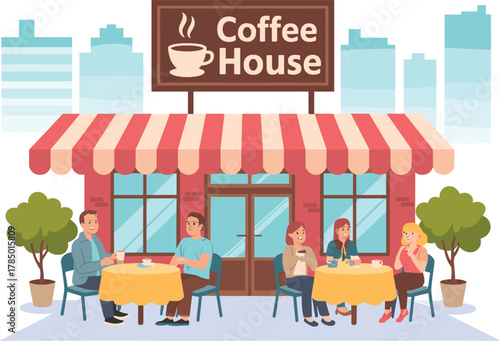 Coffee house illustration, outdoor café scene, striped awning, urban background, social gathering, steaming cup icon, cozy beverage shop design