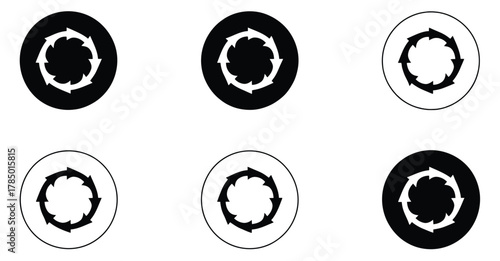  Set of six circular arrow icons in black and white grid, symbolizing rotation, logic, pattern recognition, direction, and visual cognition.