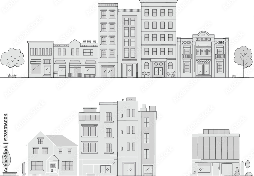 Fototapeta premium Commercial and residential building illustration set, architectural line drawings, storefronts, houses, apartments, urban design comparison, black and white sketch