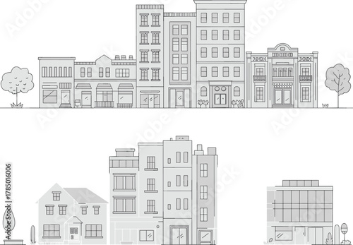 Commercial and residential building illustration set, architectural line drawings, storefronts, houses, apartments, urban design comparison, black and white sketch