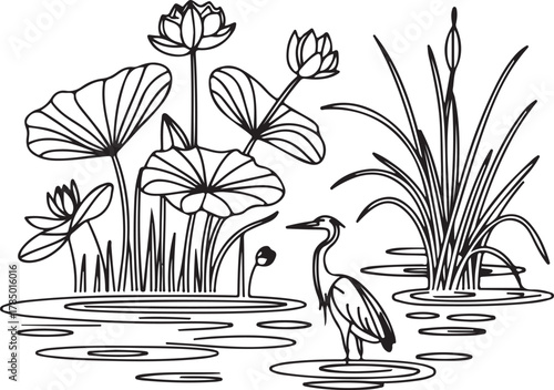 Black silhouette of a natural wetland ecosystem with diverse flora and fauna ideal for world wetlands day celebrations