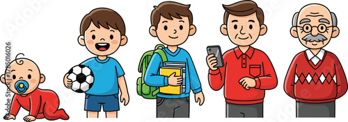 Cartoon male life stages, baby, child, teen, adult, elderly man, age progression, character development, generational concept, educational theme, vector illustration, white background
