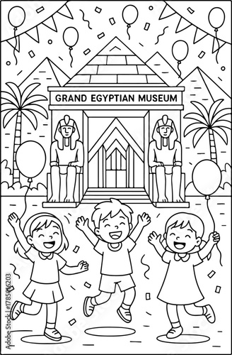 hand drawn vector illustration of Grand Egyptian Museum coloring page for kids