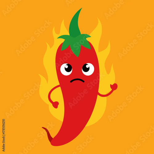 Sad cartoon red chili pepper surrounded by flames expressing discomfort and heat