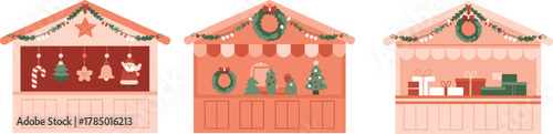 Holiday market stalls, Christmas gift booths, festive decorations, garland and wreath decor, seasonal vendor setup, winter celebration, candy cane ornaments
