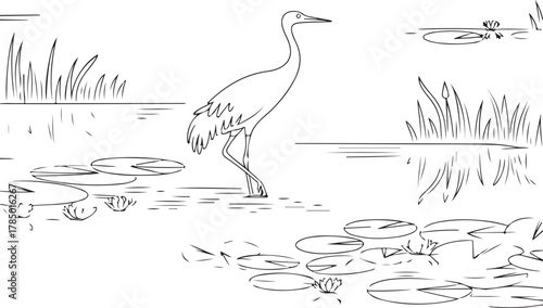 Black silhouette of natural eco background celebrating world wetlands day with diverse flora and fauna elements