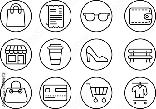 Retail icon set, circular shopping symbols, consumer goods illustration, bag, cart, storefront, credit card, fashion, coffee, e-commerce visuals