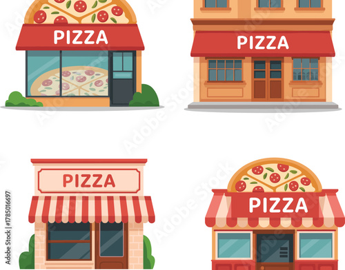 Pizza shop illustration set, storefront design variations, striped awnings, signage, brick facade, modern and traditional styles, restaurant exterior icons