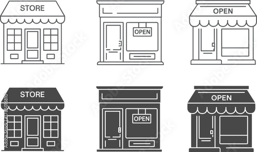 Storefront design variations, open and store signage, architectural facade icons, shop front layout, urban retail illustration, light and dark styles