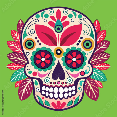 Detailed illustration of a human skull with red eyes against a plain background