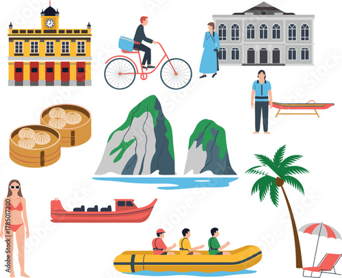 Travel and leisure illustration, cultural landmarks, beach activities, dumpling food icons, motorboat, inflatable raft, tourism scene, vacation lifestyle elements