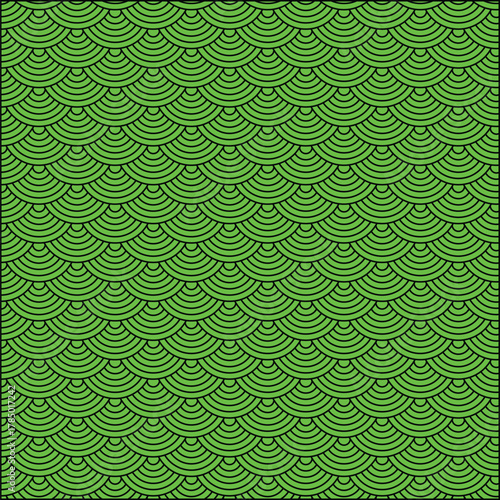 A green seamless pattern of overlapping semicircles in a wave formation