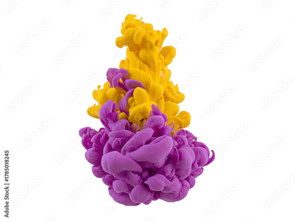 Obraz premium Purple and yellow ink swirling underwater, creating vibrant abstract cloud with dynamic movement and soft texture, isolated on transparency background, evoking creativity and energy