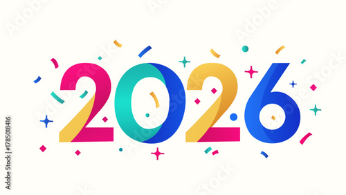 Colorful Happy New Year 2026 party banner; a modern, playful, and vibrant flat design with confetti and sparkles for a New Year's Eve celebration