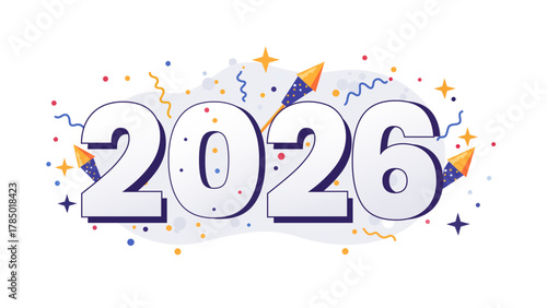 Colorful Happy New Year 2026 party banner; a modern and vibrant typography design with fluid gradients and confetti for a 2026 New Year's Eve celebration
