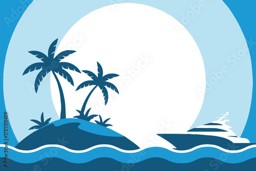 island tropical scene with palms yacht on blue waves concentric sky vector