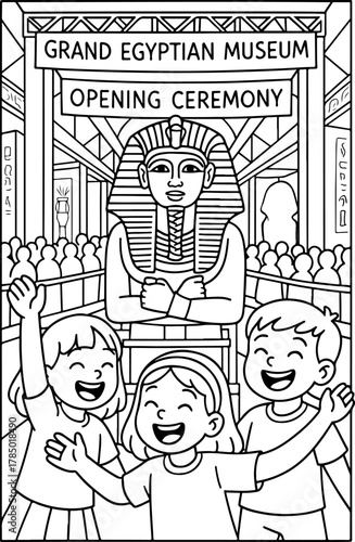 hand drawn vector illustration of Grand Egyptian Museum coloring page for kids