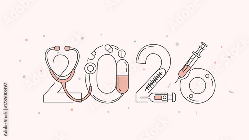 Happy New Year 2026 medical and healthcare banner; a creative and minimalist line art design with 2026 formed by medical icons