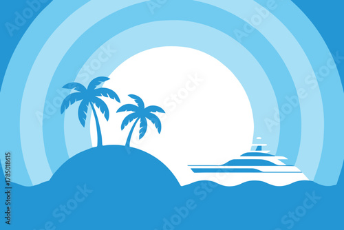 island tropical island with palm trees yacht sea sunset vector illustration