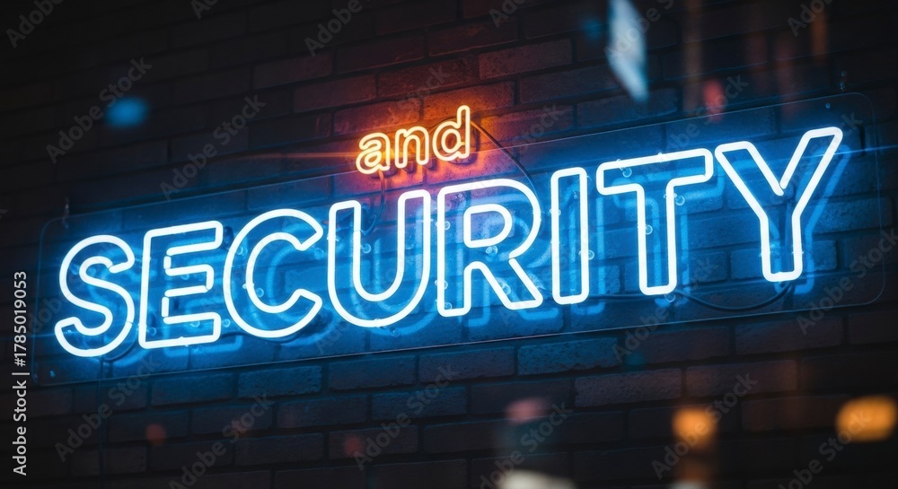 Obraz premium Neon Sign: Illustrating Security and Assurance: A vibrant neon sign displaying the words Security and against a dark backdrop, illuminating the message with a sense of assurance and trust.