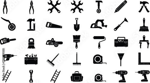 Construction tools silhouette icons, pliers, wrenches, screwdrivers, saw, hammer, drill, ladder, helmet, toolbox, rake, measuring tape, maintenance