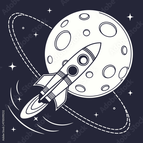 A captivating illustration of a rocket soaring past the moon, surrounded by stars and cosmic rings