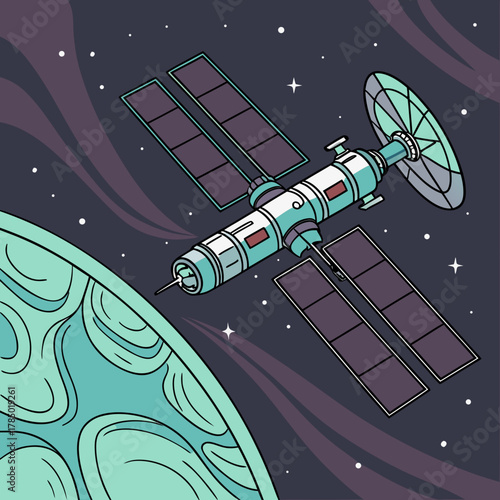 A detailed illustration of a space station orbiting a planet with a swirling nebula background