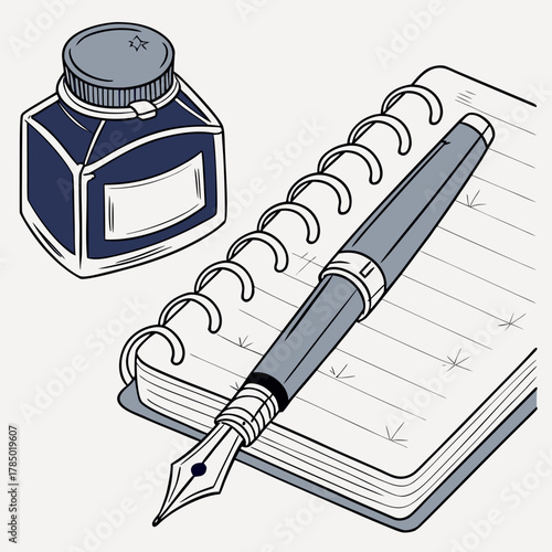 Illustration of a fountain pen resting on a notebook with an inkwell