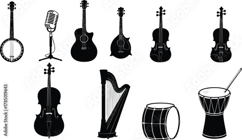 Musical instrument silhouettes, banjo, microphone stand, acoustic guitar, electric guitar, violin, cello, harp, bass drum, djembe, music icons collection