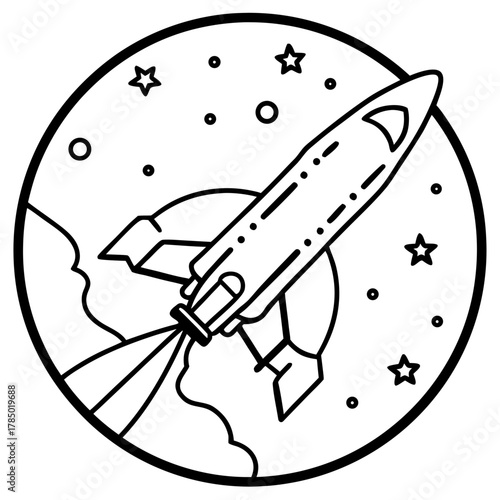 Illustration of a rocket ship blasting off from a planet with stars and moons in the background