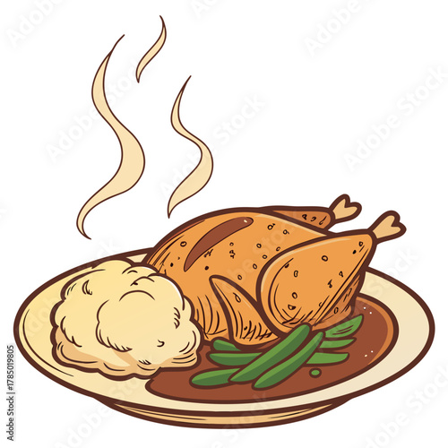 Illustration of a thanksgiving turkey dinner on a plate, , perfect for holiday or food themes