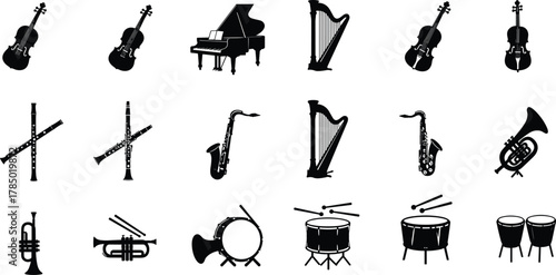 Musical instrument silhouettes, orchestra icons, black vector set, violin, piano, harp, drums, trumpet, clarinet, saxophone, flute, trombone, cello, double bass, French horn, timpani,